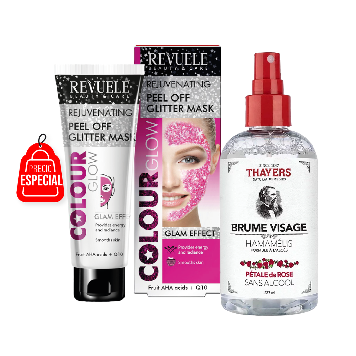 Mascara Rejuvenecedora de la Piel con Glitter + TONICO FACIAL - PETALO DE ROSAS 12 oz