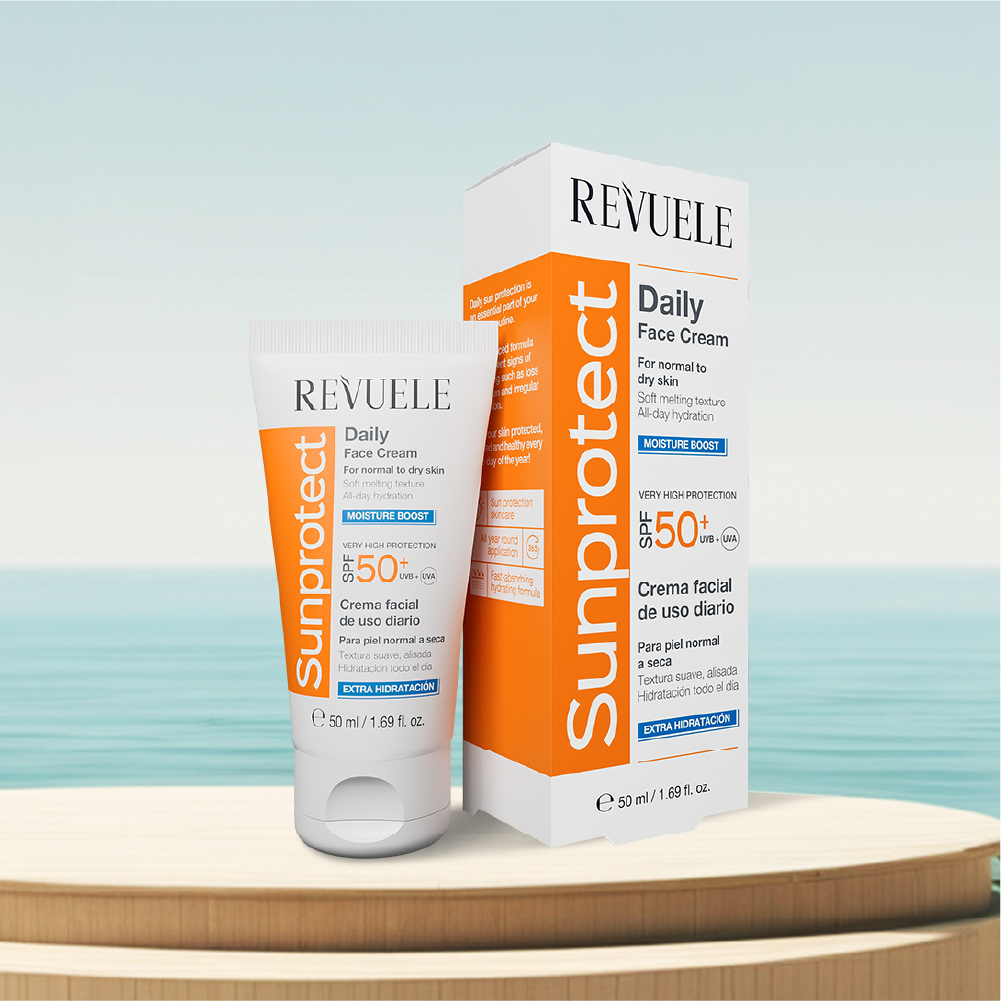 PROTECTOR SOLAR Y CREMA FACIAL DIARIA SUNPROTECT DE REVUELE: REFUERZO HIDRATANTE, FPS 50+