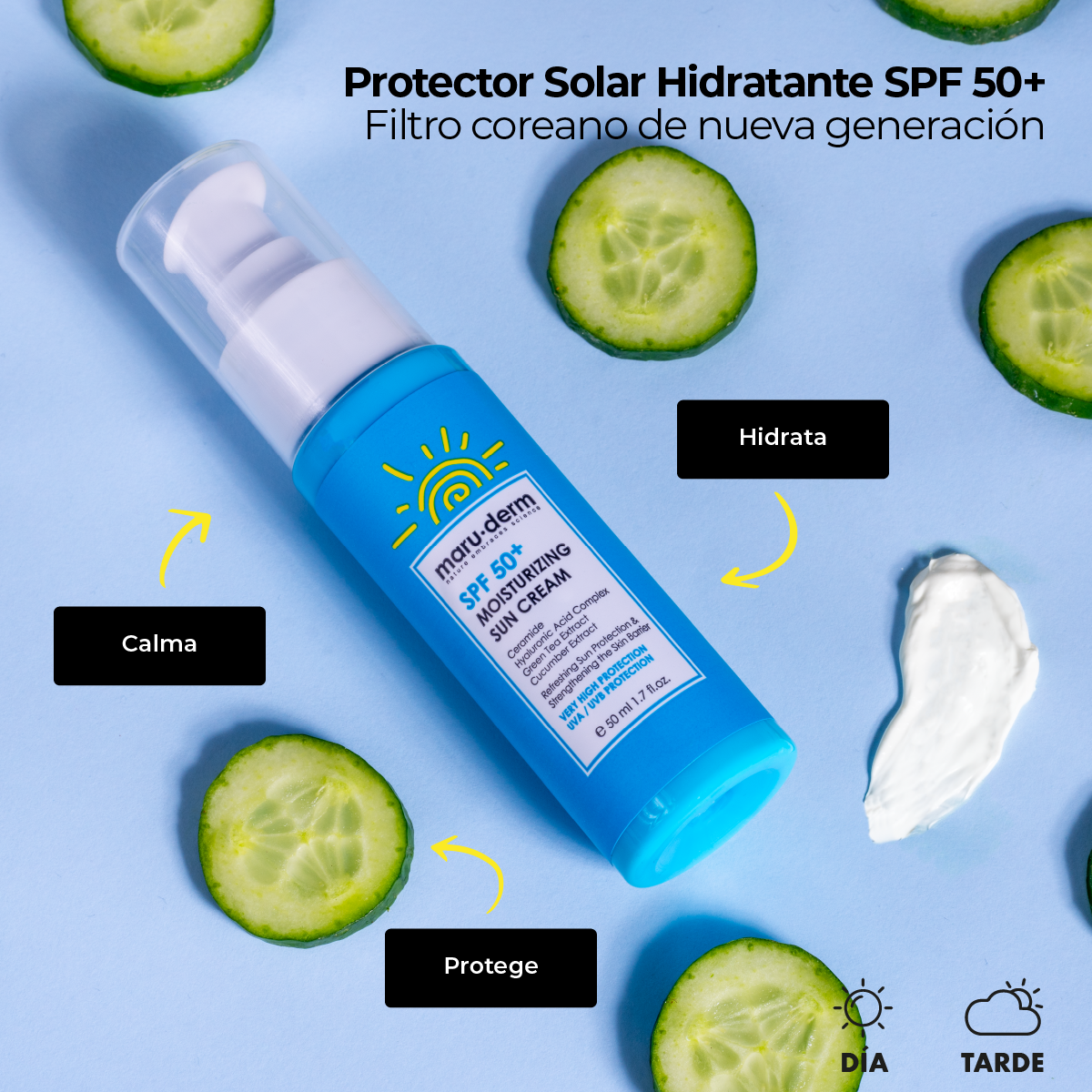 Protector solar hidratante FPS 50+Filtros coreanos de nueva generación 50 ml Maruderm