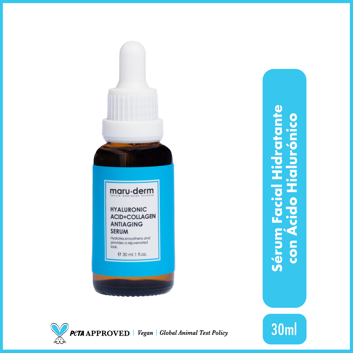 Sérum antiedad para el cuidado de la piel Maruderm con 2 % de ácido hialurónico y 5 % de colágeno, 30 ml.