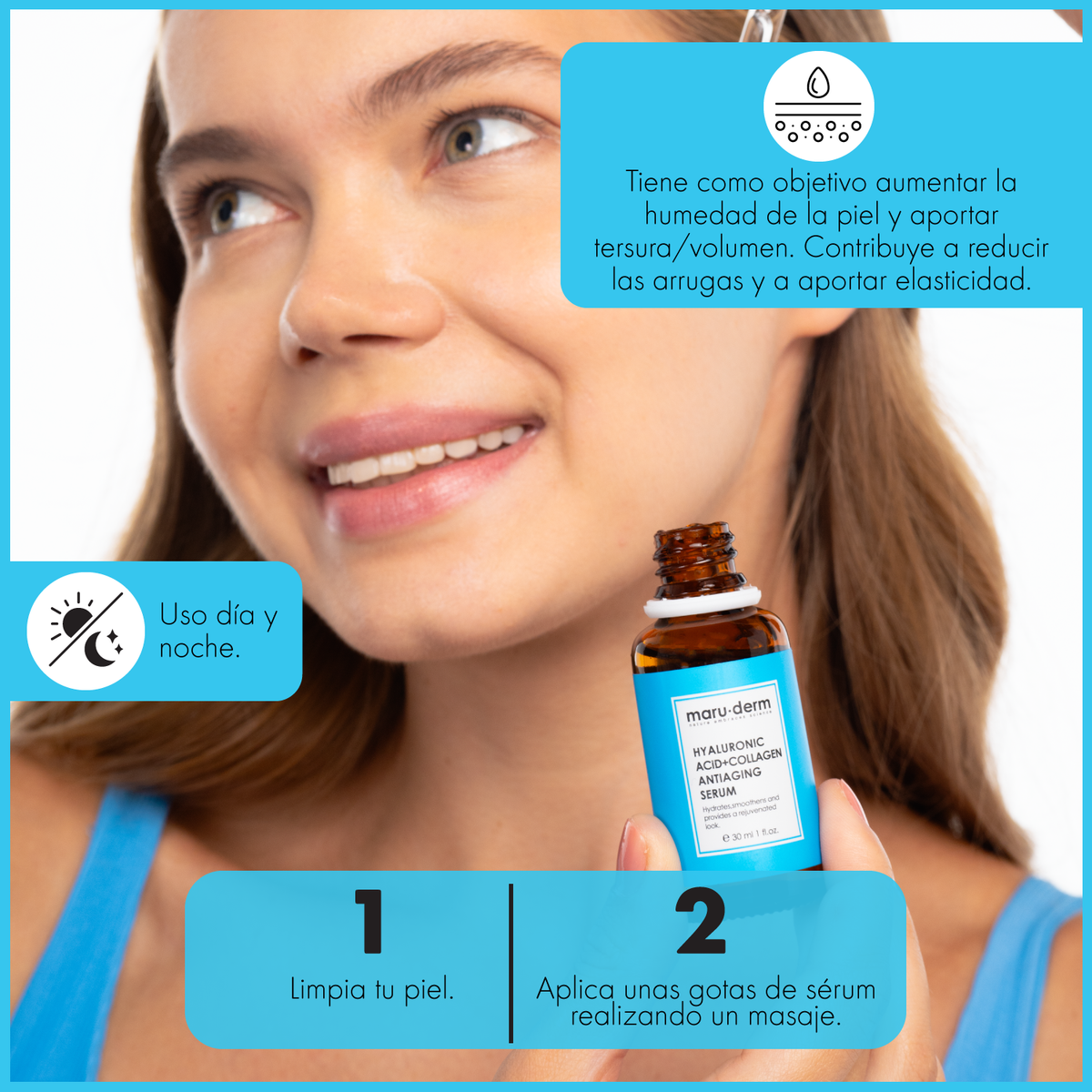 Sérum antiedad para el cuidado de la piel Maruderm con 2 % de ácido hialurónico y 5 % de colágeno, 30 ml.