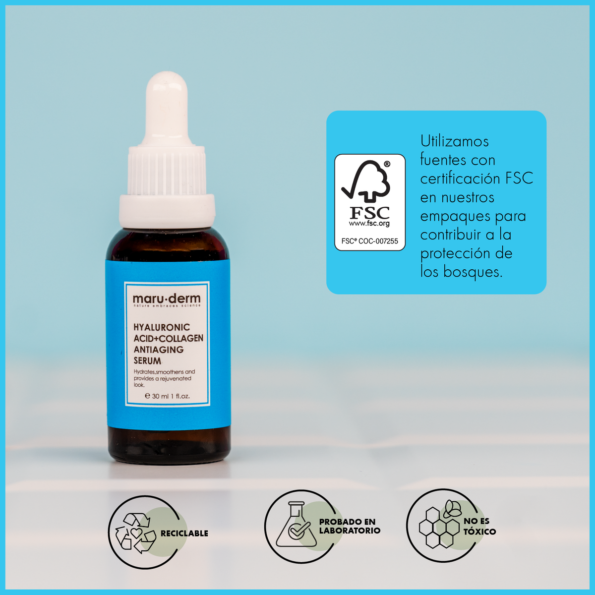 Sérum antiedad para el cuidado de la piel Maruderm con 2 % de ácido hialurónico y 5 % de colágeno, 30 ml.
