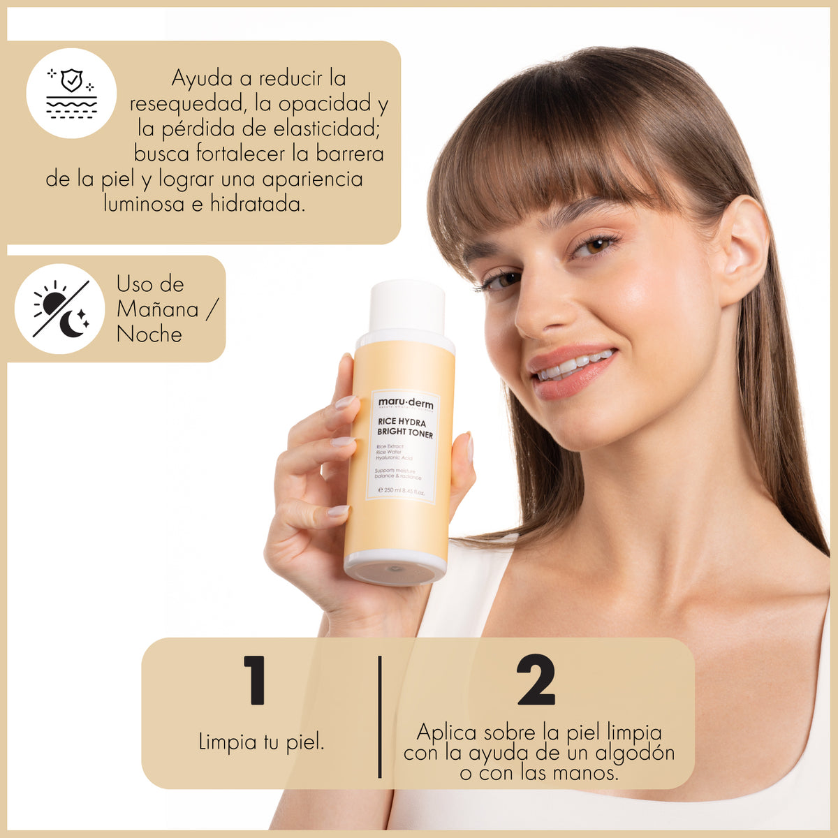 Tónico iluminador hidratante con extracto de arroz - con ácido hialurónico y centella asiática 250 ml - Maruderm