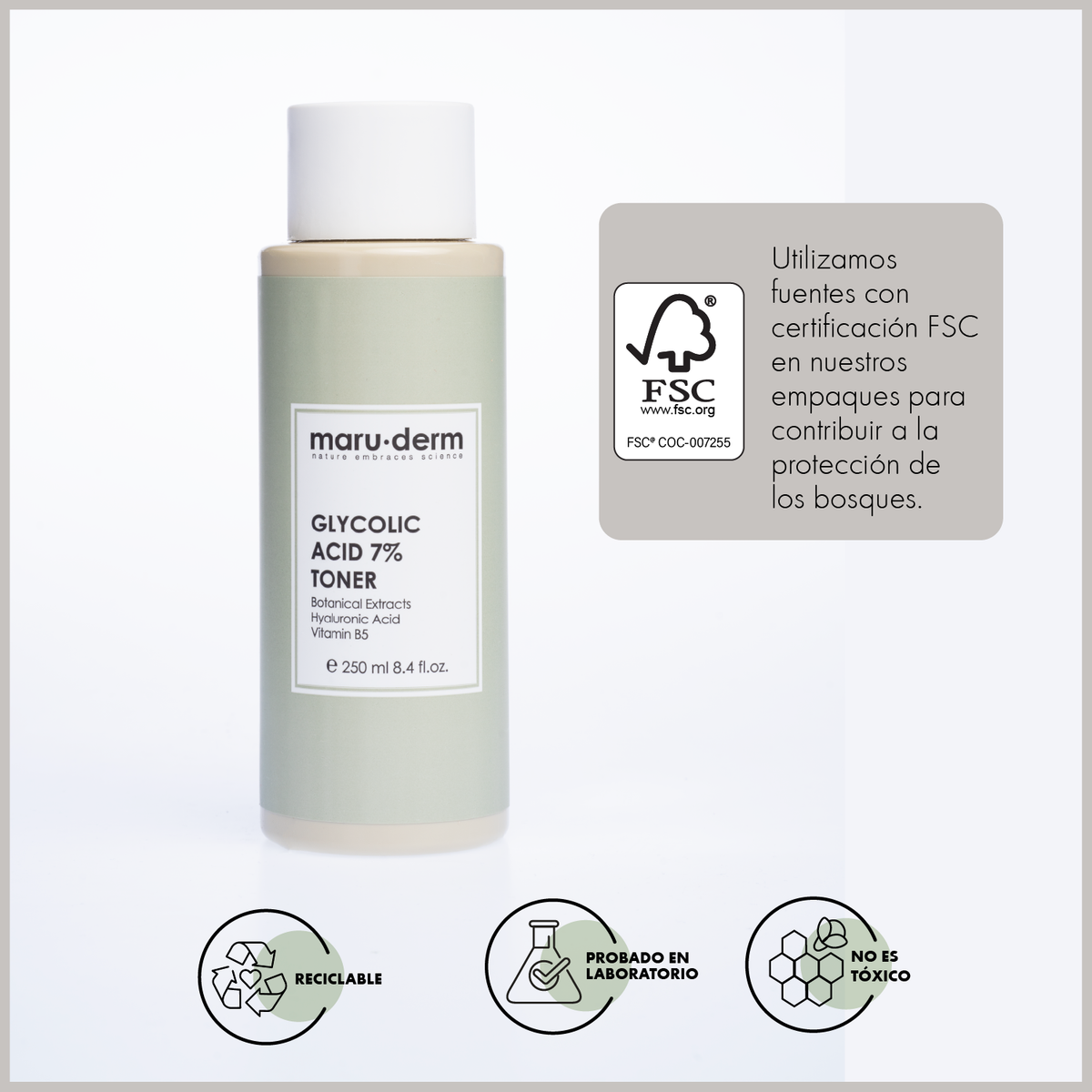 Tónico iluminador con ácido glicólico al 7% de Maruderm – Tónico AHA antimanchas y regenerador de la piel 250 ml
