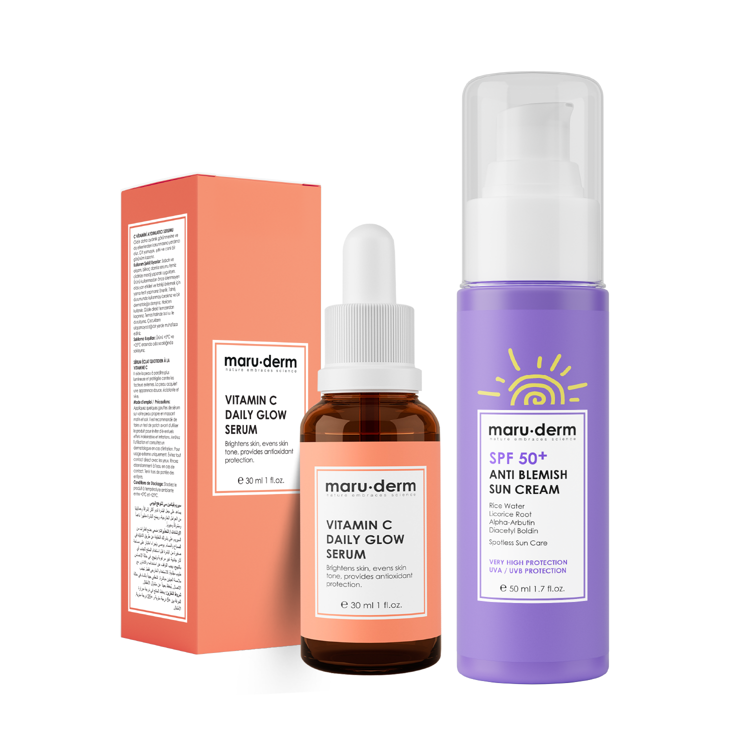 Dúo Iluminador Vitamina C + Protector Solar Antimanchas SPF 50+ Maruderm