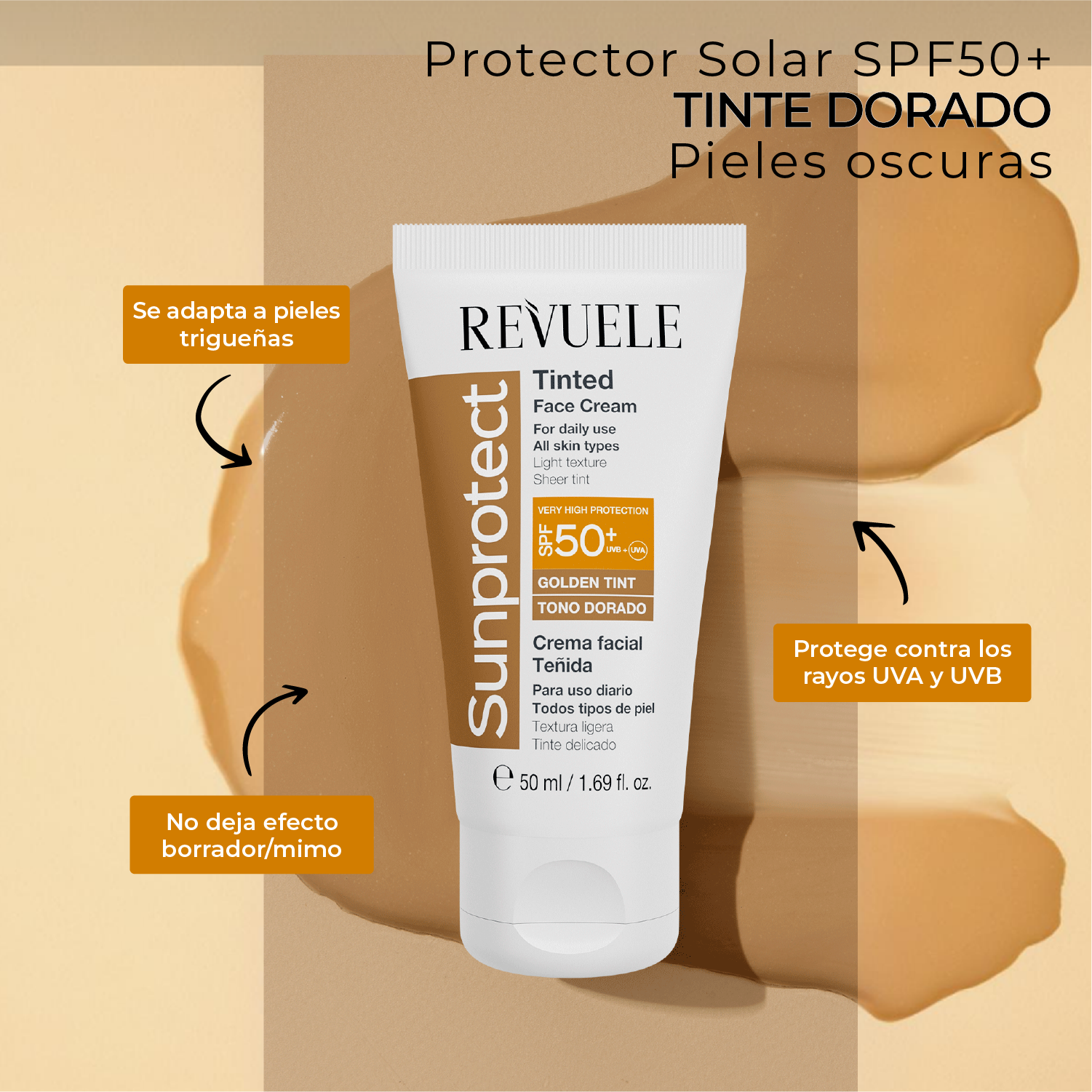 PROTECTOR SOLAR CON COLOR TINTE DORADO - FPS 50+ - REVUELE