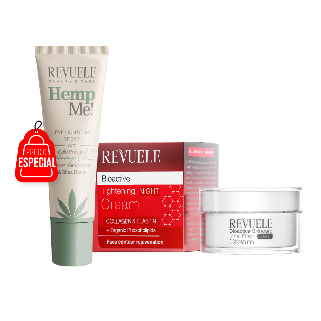 Crema de Noche Anti Envejecimiento BIO ACTIVE Con Colágeno y Elastina + Crema Nutritiva para Contorno de Ojos con Aceite de Cáñamo - Revuele