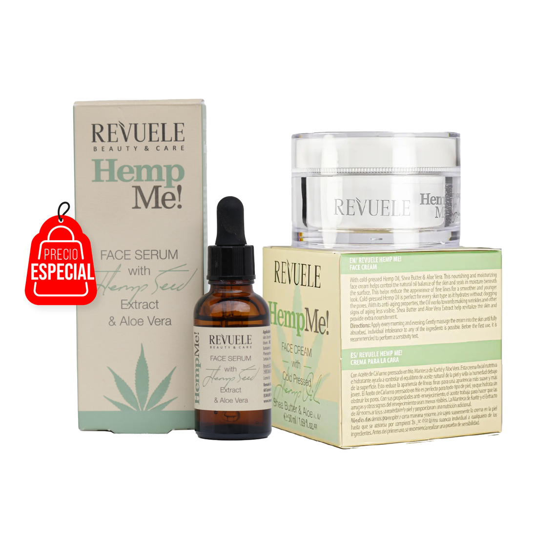 Sérum Facial Equilibrante con Cáñamo y Aloe Vera - Revuele HempMe! + Crema Facial Ultranutritiva a Base de Cañamo y Aloe Vera - Revuele HempMe!