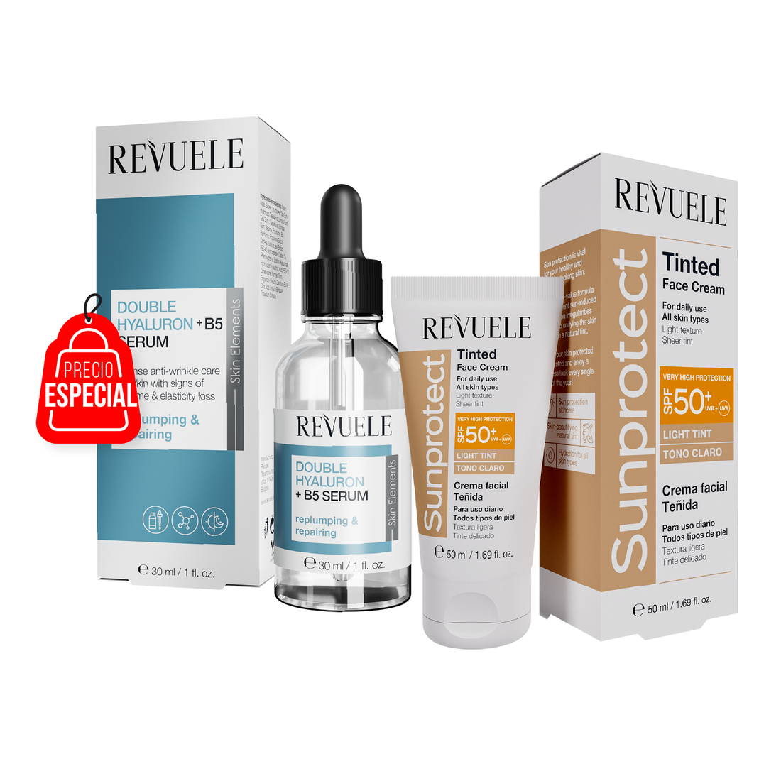 Suero Facial DOBLE ÁCIDO HIALURÓNICO + B5: Hidratación y Restauración Profunda - Revuele + PROTECTOR SOLAR CON COLOR CLARO SPF 50+ DE REVUELE