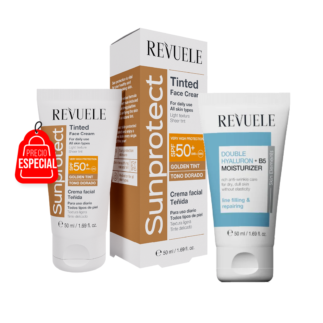 Crema Hidratante Doble Ácido Hialurónico + Vitamina B5 - REVUELE + PROTECTOR SOLAR CON COLOR TINTE DORADO - FPS 50+ - REVUELE