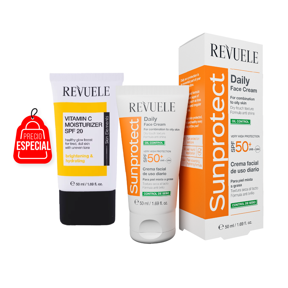 PROTECTOR SOLAR – CONTROL GRASA, SPF 50+ - Revuele + HIDRATANTE VITAMINA C SPF 20