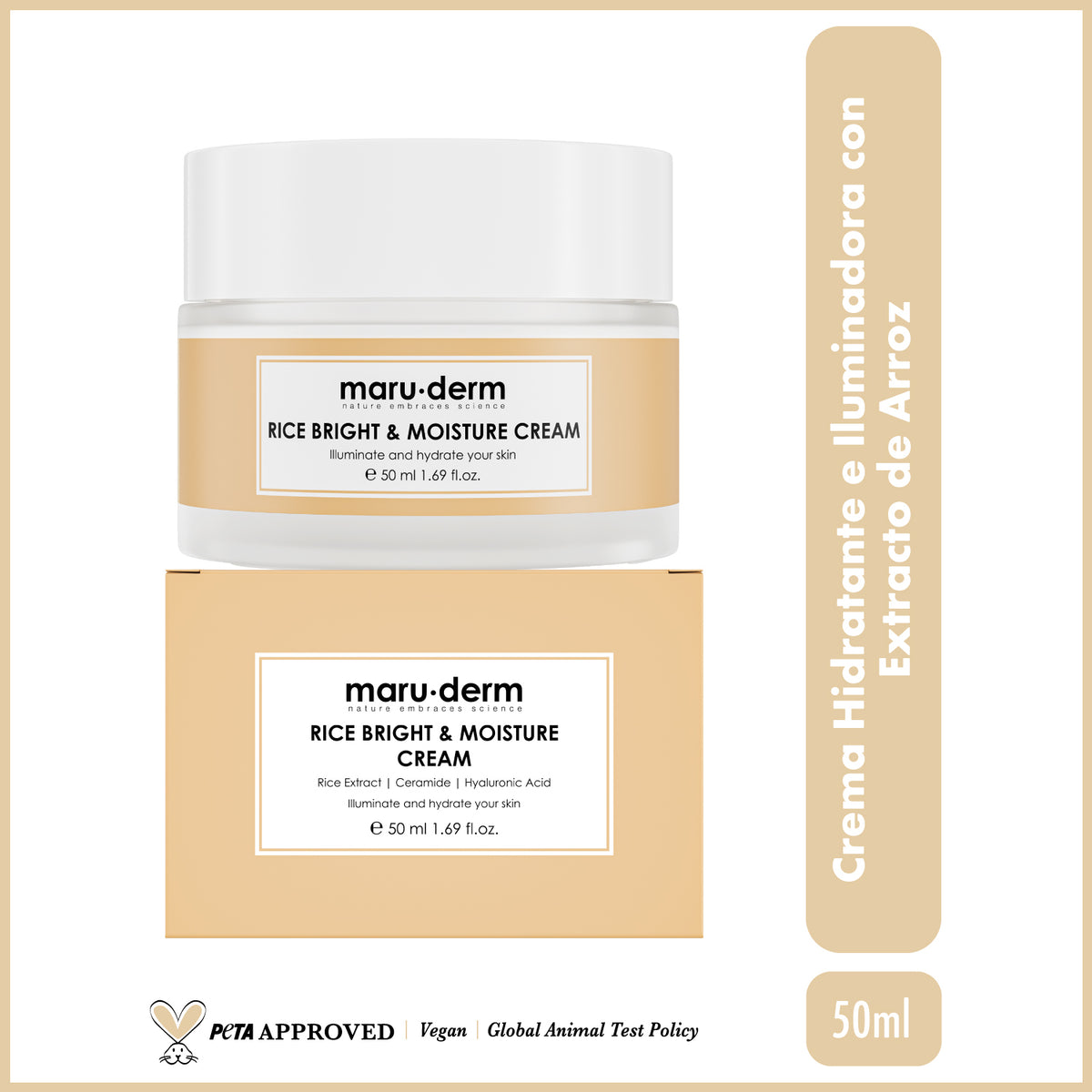 Crema iluminadora hidratante con extracto de arroz. Con ácido hialurónico y ceramidas 50 ml - Maruderm