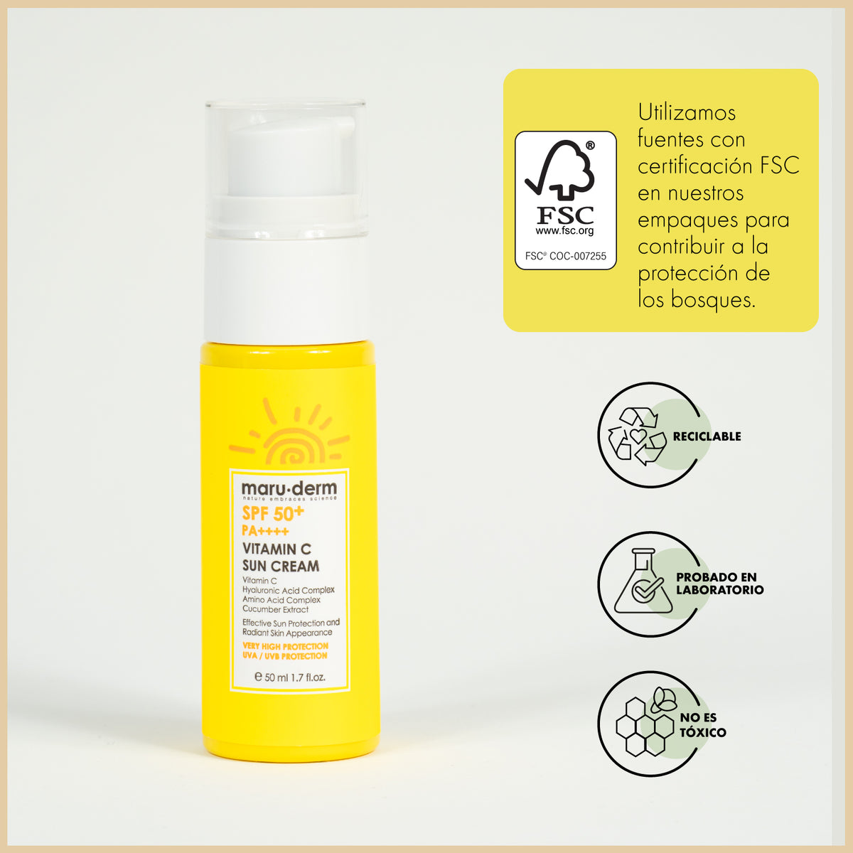Protector Solar con Vitamina C /SPF 50+ (PA++++) – Con Filtrado Coreano de Nueva Generación 50 ML/ Maruderm