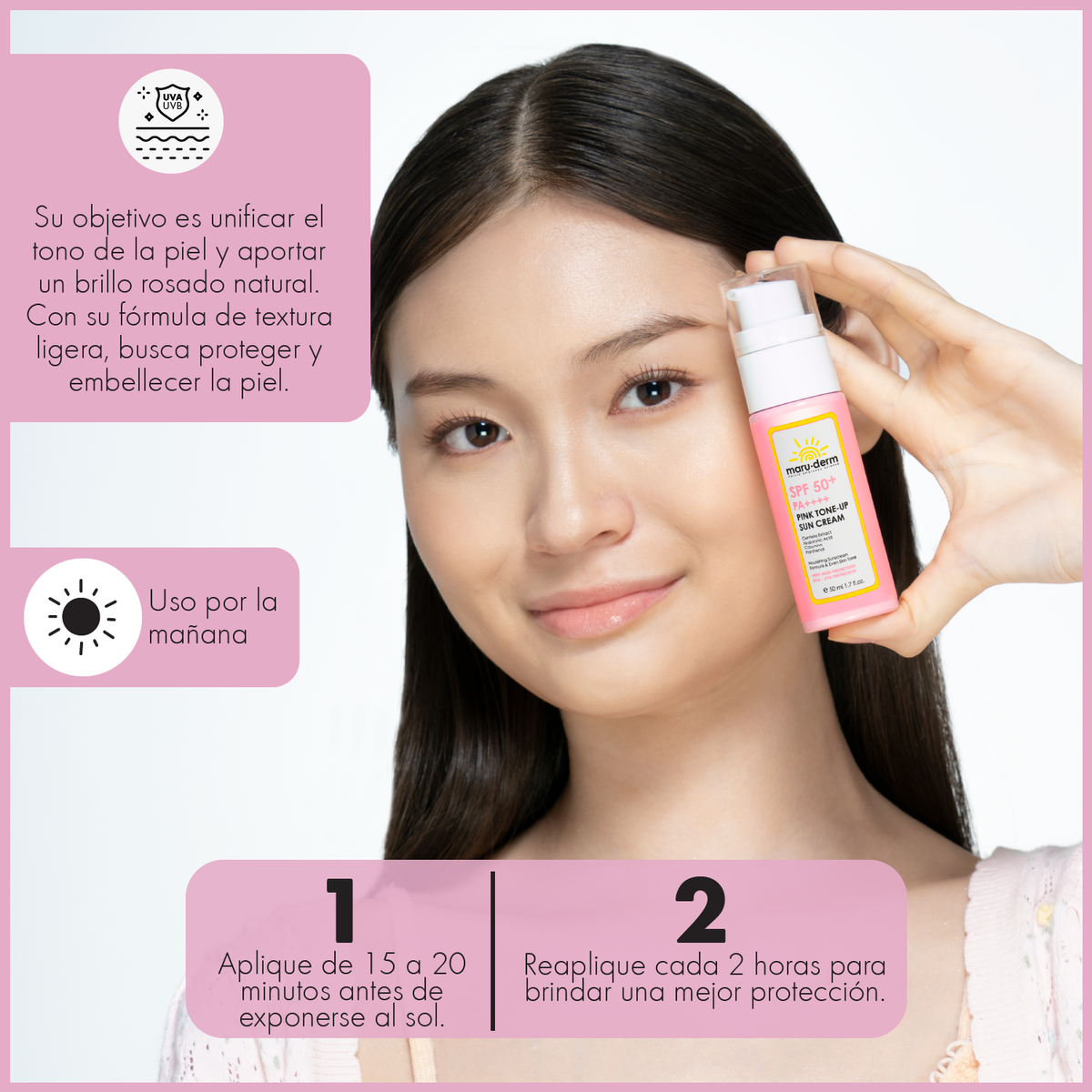 Protector solar rosa con efecto aclarante PA++++  SPF50+  Maruderm 50mL