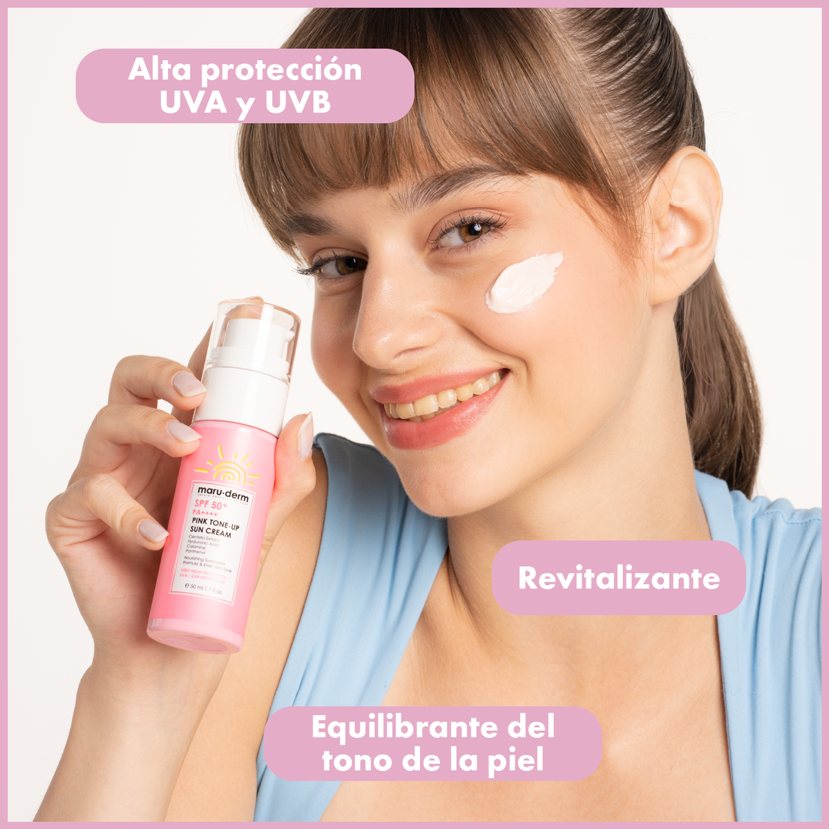 Protector solar rosa con efecto aclarante PA++++  SPF50+  Maruderm 50mL