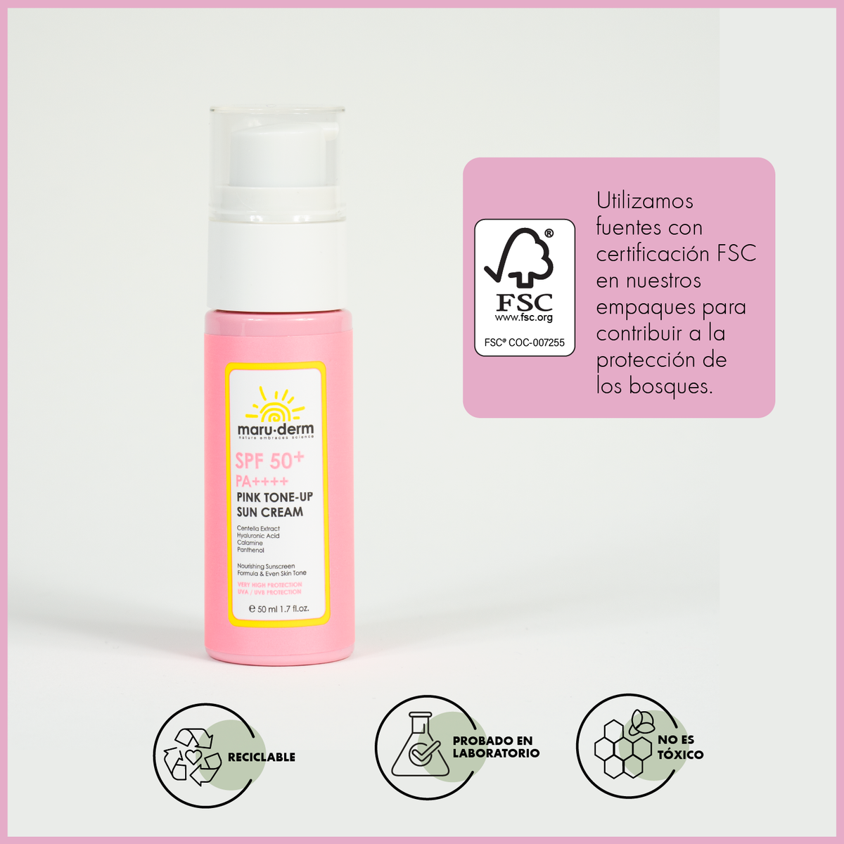 Protector solar rosa con efecto aclarante PA++++  SPF50+  Maruderm 50mL