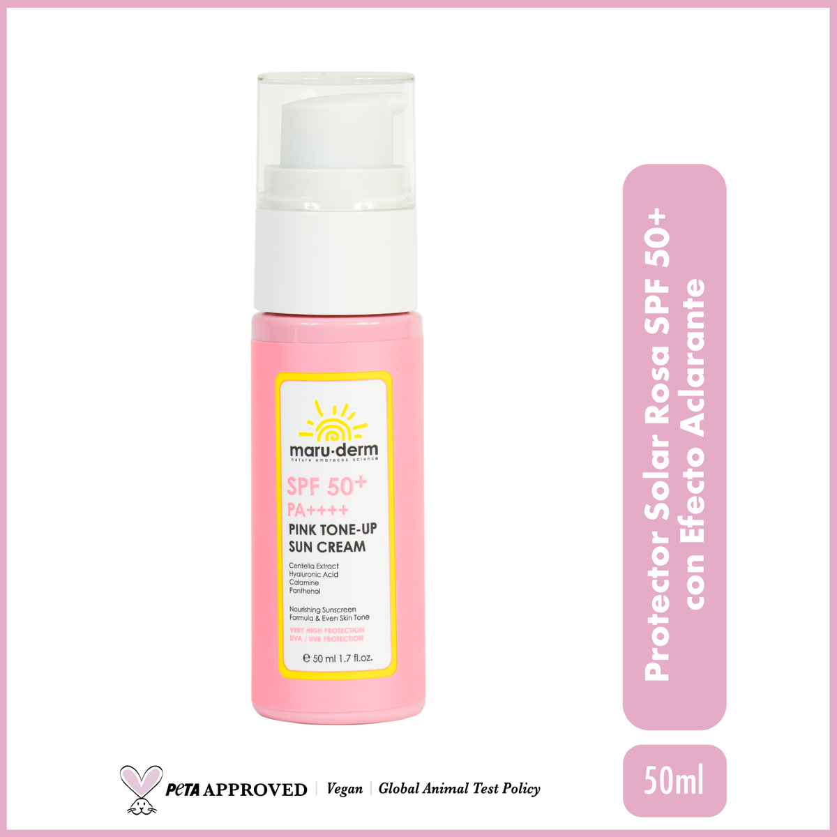 Protector solar rosa con efecto aclarante PA++++  SPF50+  Maruderm 50mL