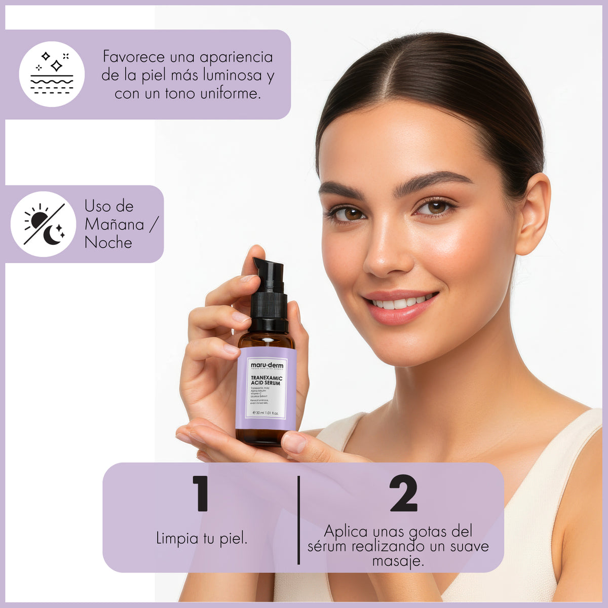 Sérum antimanchas con ácido tranexámico. Unificador e iluminador del tono de la piel con alfa arbutina y vitamina C 30ml - Maruderm