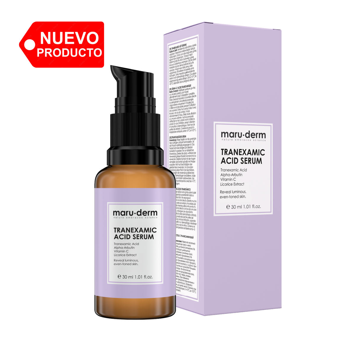 Sérum antimanchas con ácido tranexámico. Unificador e iluminador del tono de la piel con alfa arbutina y vitamina C 30ml - Maruderm
