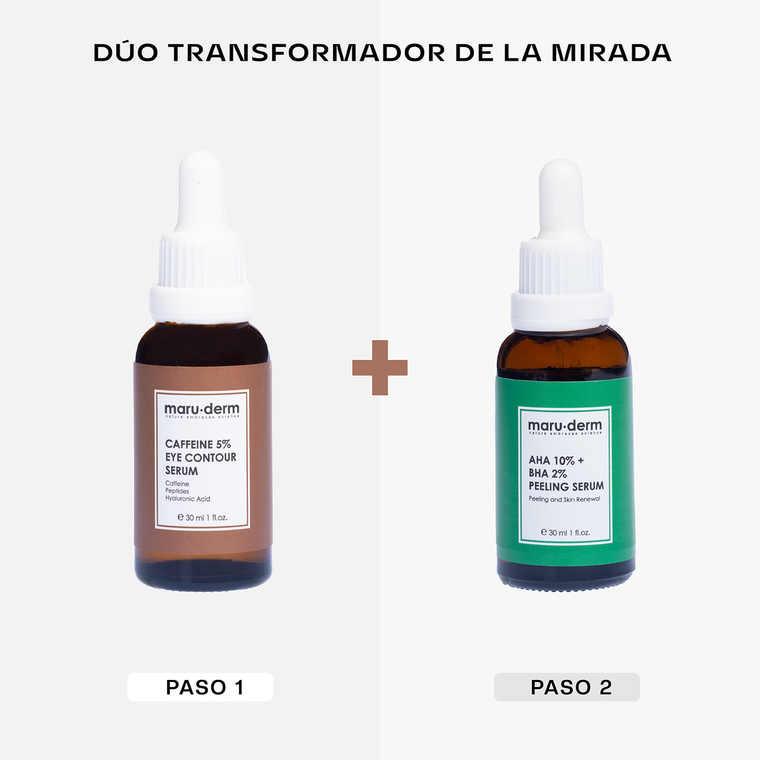 Dúo Sueros Maruderm AHA 10% + BHA 2% Serum Peeling  y Contorno de ojos con cafeína al 5%, 30 ml
