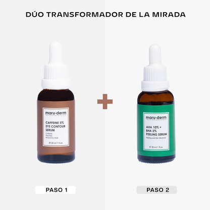 Dúo Sueros Maruderm AHA 10% + BHA 2% Serum Peeling  y Contorno de ojos con cafeína al 5%, 30 ml