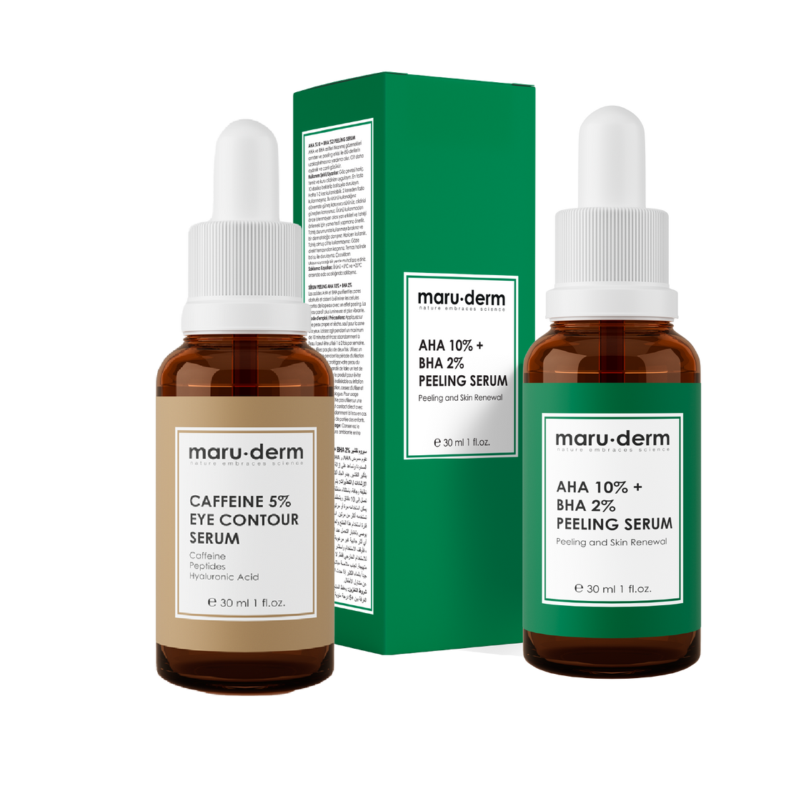 Dúo Sueros Maruderm AHA 10% + BHA 2% Serum Peeling  y Contorno de ojos con cafeína al 5%, 30 ml