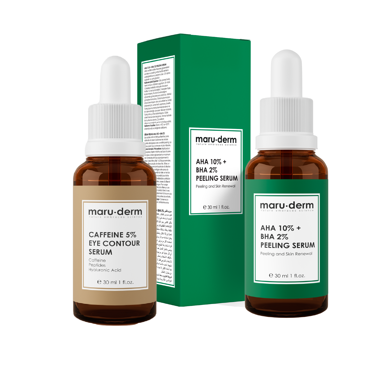 Dúo Sueros Maruderm AHA 10% + BHA 2% Serum Peeling  y Contorno de ojos con cafeína al 5%, 30 ml