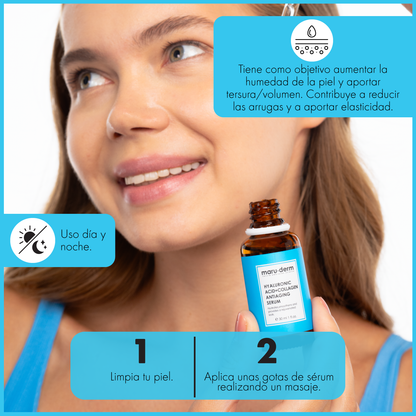 Sérum antiedad para el cuidado de la piel Maruderm con 2 % de ácido hialurónico y 5 % de colágeno, 30 ml.