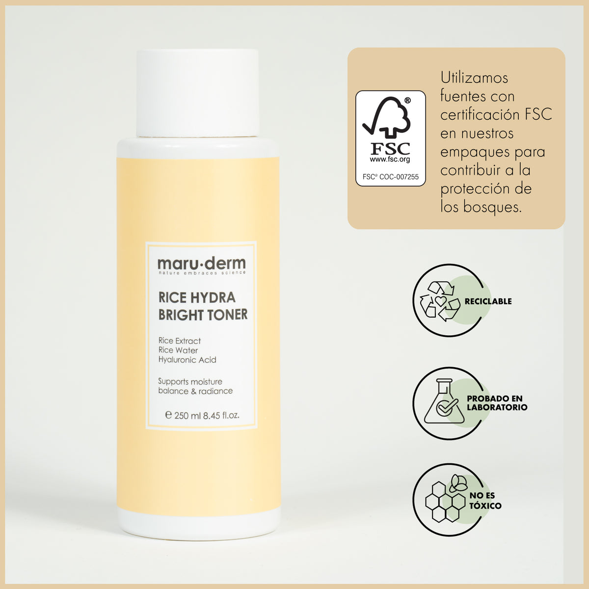 Tónico iluminador hidratante con extracto de arroz - con ácido hialurónico y centella asiática 250 ml - Maruderm