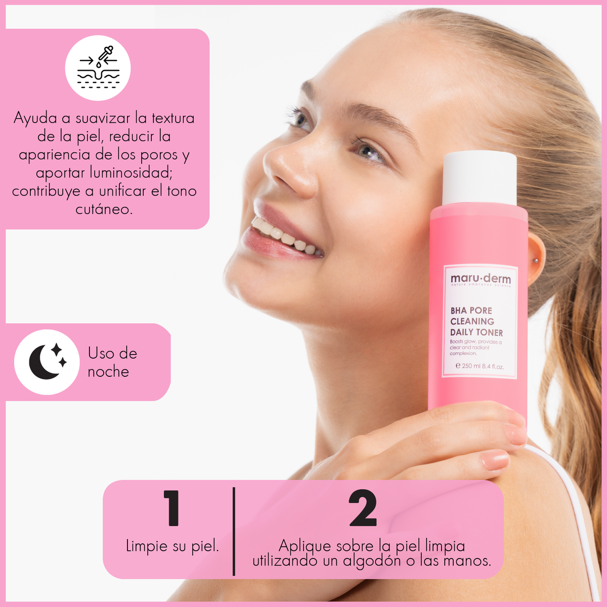 Tónico reafirmante de poros con ácido salicílico (BHA) al 2% de Maruderm – Tónico purificante anti-puntos negros 250 ml