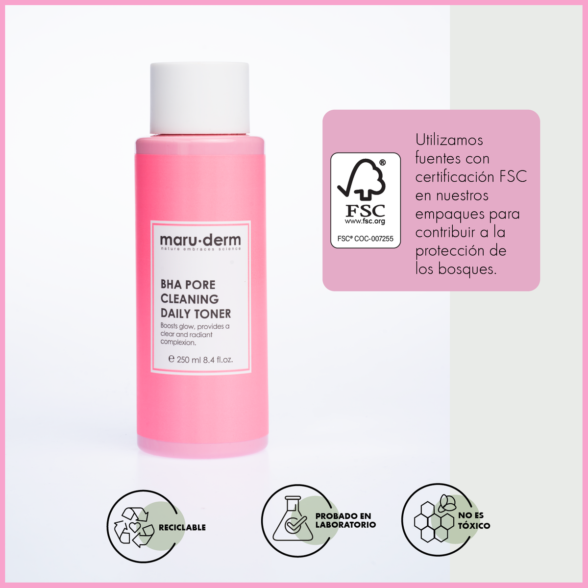 Tónico reafirmante de poros con ácido salicílico (BHA) al 2% de Maruderm – Tónico purificante anti-puntos negros 250 ml