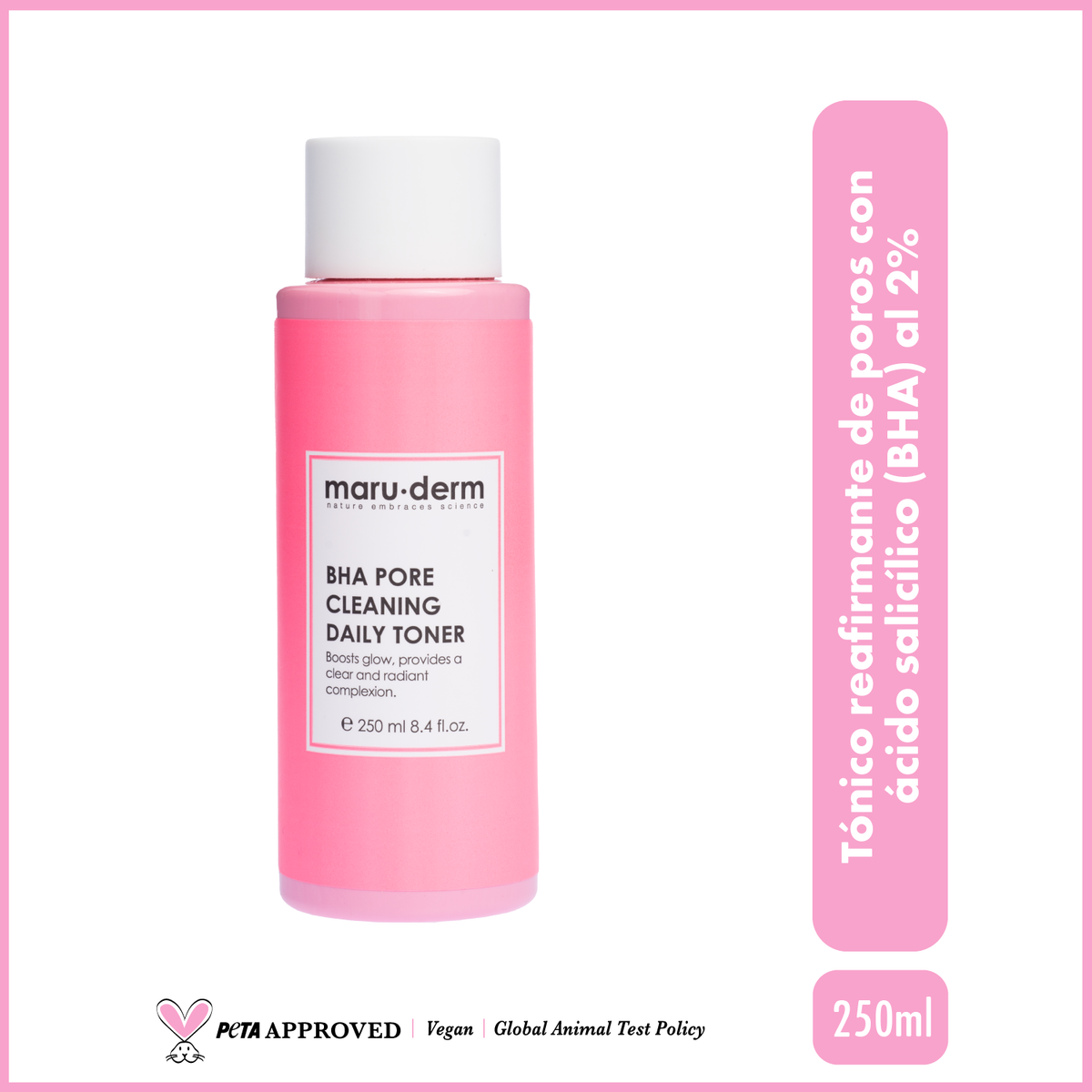 Tónico reafirmante de poros con ácido salicílico (BHA) al 2% de Maruderm – Tónico purificante anti-puntos negros 250 ml