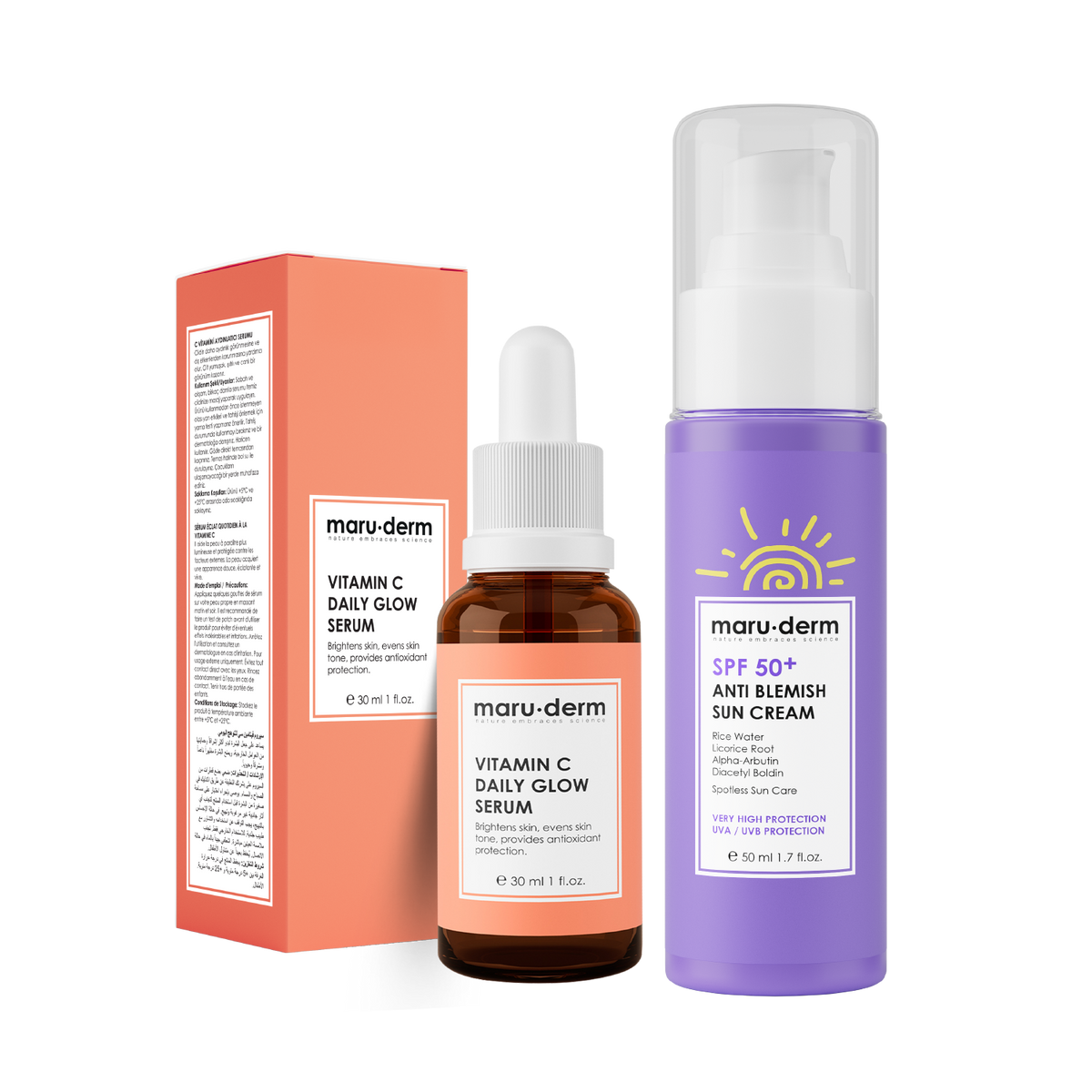 Dúo Iluminador Vitamina C + Protector Solar Antimanchas SPF 50+ Maruderm