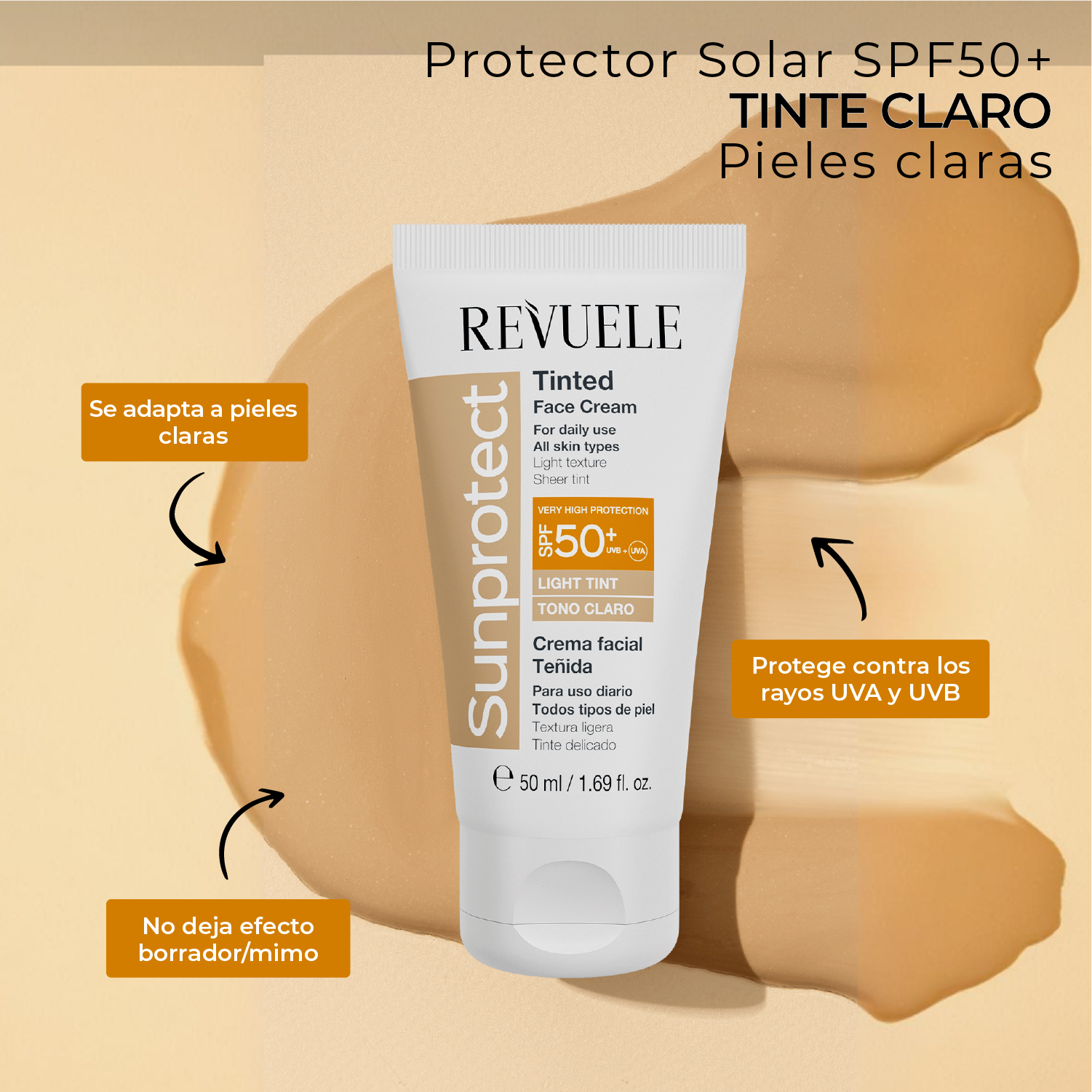 PROTECTOR SOLAR CON COLOR CLARO SPF 50+ DE REVUELE | Cosméticos en línea
