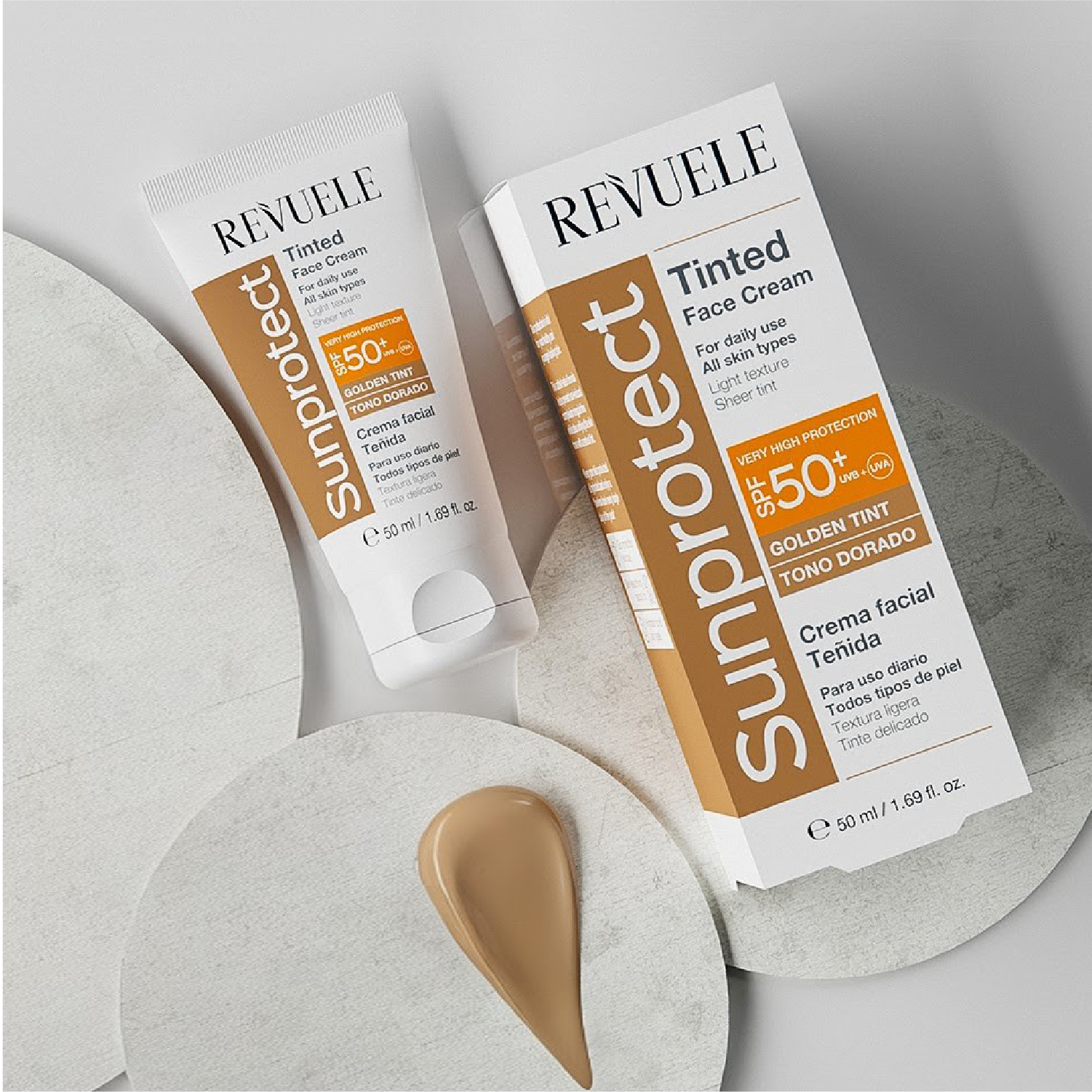 PROTECTOR SOLAR CON COLOR TINTE DORADO - FPS 50+ - REVUELE